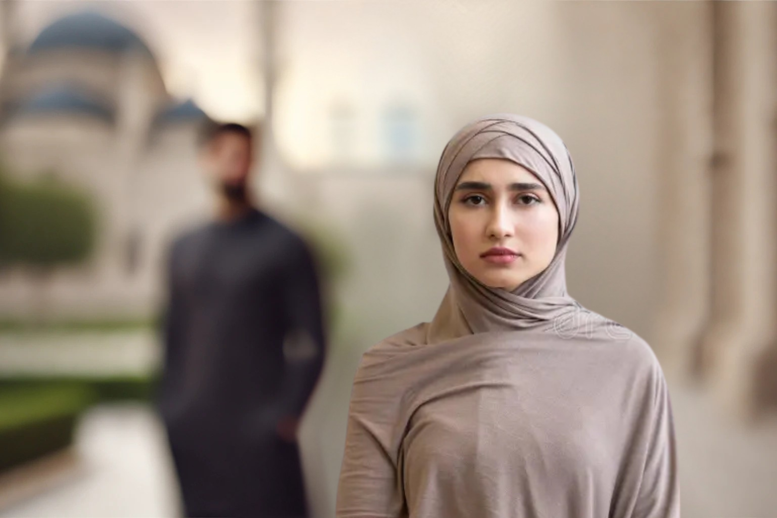 A woman in a Beige hijab stands with arms crossed, looking aside thoughtfully, with a blurred mosque and man in the background.